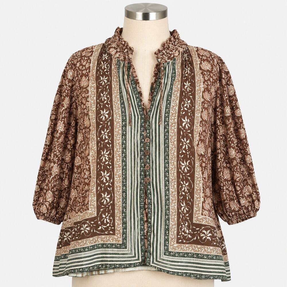 Free People We The Free Boho Floral Border Print Blouse Women's XS Peasant Top